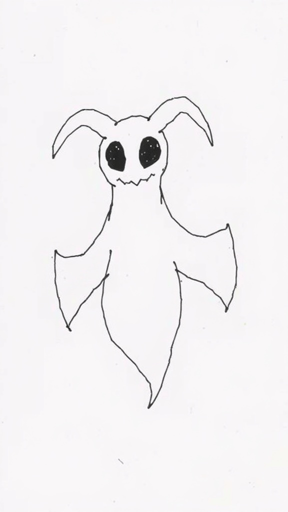 A simple drawing of Zero, the ghost dog from The Nightmare Before Christmas, with a friendly face and flowing body.